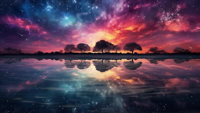amazing sky view. an awe inspiring astrophotography image of cosmic. astrology background concept. sunset over the lake. seamless looping overlay 4k virtual video animation background 