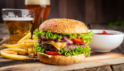 Close-up photo of home made hamburger with beer made of beef, onion, tomato, lettuce, cheese and...