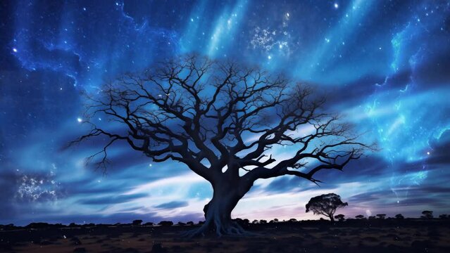 amazing sky view with tree silhouette. an awe inspiring astrophotography image of a cosmic. seamless looping overlay 4k virtual video animation background 