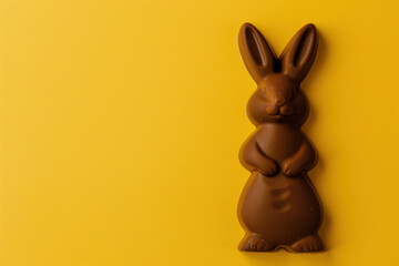 A chocolate bunny on a bright yellow background, creating a cheerful Easter theme.