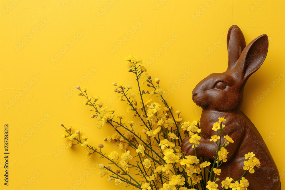 Wall mural Chocolate bunny with a bouquet of yellow flowers against a matching yellow background.