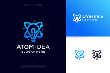Creative bulb or lamp combine with atom molecule logo design with line art style