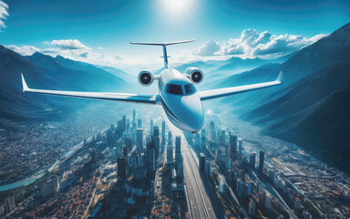 Private jet plane flying above city in beautiful sunset light. Modern and fastest mode of transportation, business life.