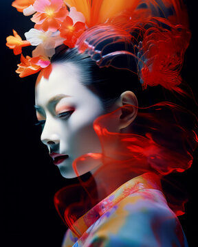 Geisha Grace: A Dance of Shadows and Light - Beautiful Women Portrait