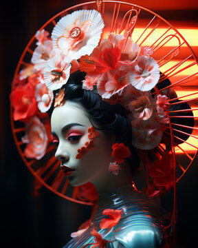 Blooming Elegance: Geisha in Floral Harmony - Beautiful Women Portrait