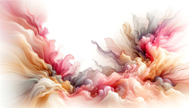 Abstract fluid flowing art by alcohol ink soft tone pink and gold with white copy space text. For banner, background in concept luxury, dreamy.