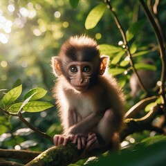 Fototapeta premium Cute, Monkey, Portrait, in. Jungle, Little monkey close-up | Portrait of a monkey, face of a monkey. Monkey on a green background. Funny monkeys A funny monkey lives in a natural forest