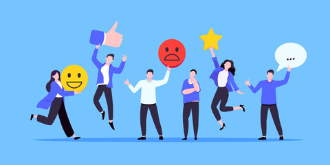 Employee feedback work satisfaction survey business concept flat vector illustration. Employee or customer feedback rating opinion with people and social icons - thumb, smile emoji, stars and heart. - obrazy, fototapety, plakaty