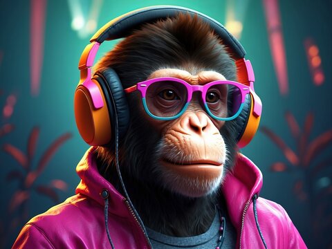 Illustration of Fantasy character with monkey head in glasses and headphones wearing jacket. Ai Generative