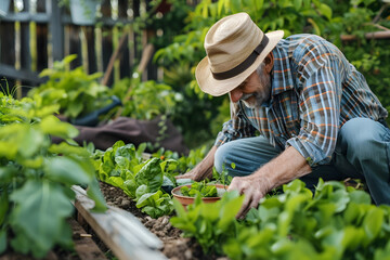 Naklejka na ściany i meble Elderly Man Planting Vegetables in Garden