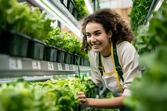 Young Woman Shopping for Fresh Lettuce in a Supermarket
