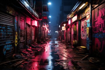 a dark alleyway with graffiti on the walls at night