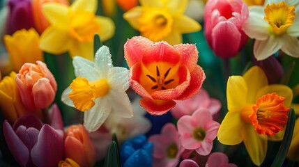 Close-up of a variety of bright colorful spring flowers in full bloom, including tulips, daffodils,
