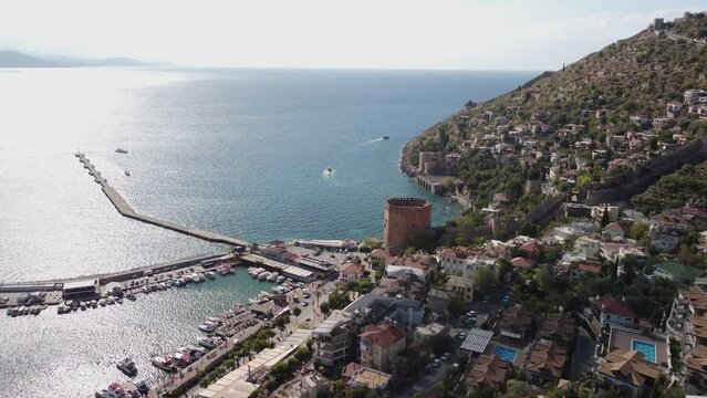 Aerial view of Alanya Marina and the Kizil Kule, Turkey