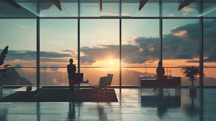 Silhouette stands against fiery sky as sun dips below horizon, trading airport tarmac for ocean dreams