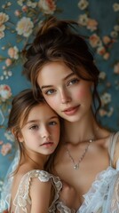 Mother and Daughter Share Heartwarming Hug Against Floral Patterned Wall at Home