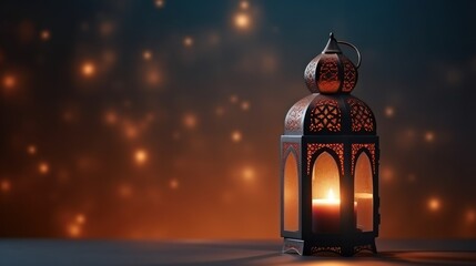 Arabic Decoration Ramadan Lantern on Wooden Table with Glistening Background