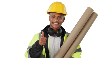 Construction worker, architecture and man with thumbs up and blueprint in portrait on png transparent background. Happy with floor plan, success or support for feedback, maintenance and renovation