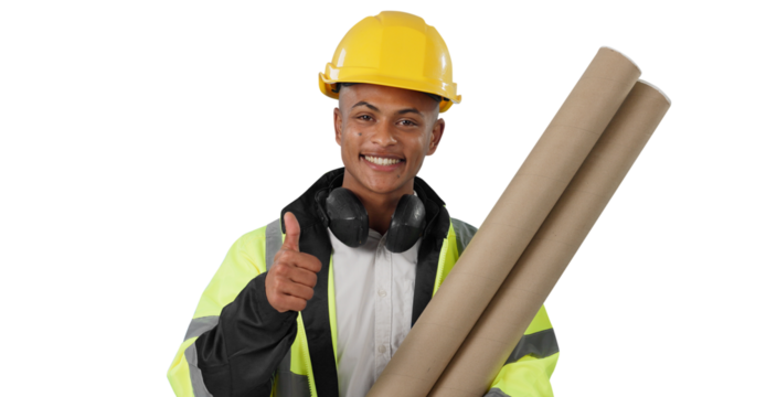 Construction worker, architecture and man with thumbs up and blueprint in portrait on png transparent background. Happy with floor plan, success or support for feedback, maintenance and renovation