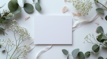 Mockup of a blank square greeting card with Gypsophila flowers and a wedding white fabric on a white background. Top view 3D Greeting card mockup birthday invitation card