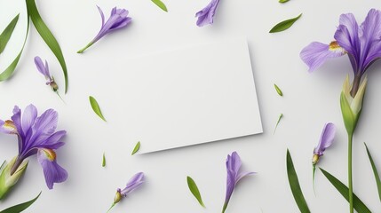 Blank square card with a blooming purple Iris flowers decor and green leaves on a white background for wedding invitation card. Top view 3D flat greeting card birthday mockup