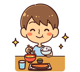 笑顔で食事をする男の子　イラスト素材