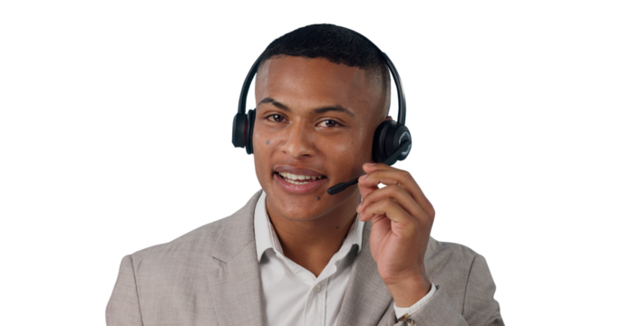 Call center, portrait or man consulting for contact us, crm or faq on isolated, transparent or png background. Telemarketing, customer service or male consultant face for loan advice, help or support