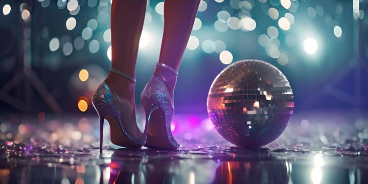 Woman's legs in high heels next to a disco ball. The concept of dance and party.