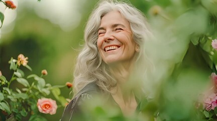 Elderly woman happily smiling in a garden. The concept of positivity and aging.