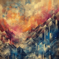 Line art abstract background in blue red orange yellow with mountain shapes and circles 