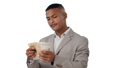Business man, cash and money for financial loan, budget and trading in profit or counting his savings. Young male decision and doubt in isolated, transparent and png background for banking and growth
