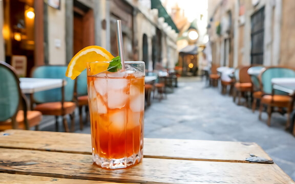 Aperol spritz cocktail alcoholic beverage based on table with ice cubes and oranges outdoors served cocktail with orange slice and straw placed on wooden table of sidewalk cafe in italy