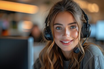 Woman of phone support with an image of a customer service representative wearing a headset and smiling while assisting a customer over the phone, conveying helpfulness and expertise