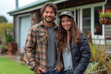 Naklejka premium a couple standing together in front of their new home, holding hands and smiling with reassurance, knowing they have found a place to build their future