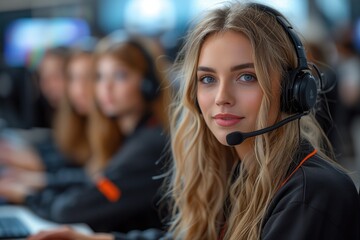 Woman of phone support with an image of a customer service representative wearing a headset and smiling while assisting a customer over the phone, conveying helpfulness and expertise
