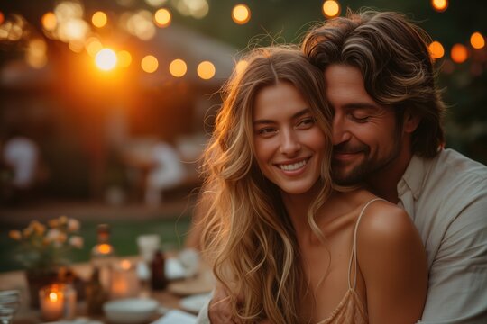 Photo Of A Couple Embracing And Sharing A Kiss In Front Of Their New Property, Surrounded By Family And Friends, Celebrating Their Journey And The Love That Brought Them There. 