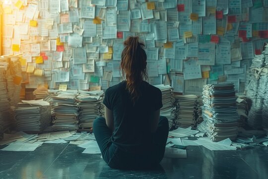 the paralysis of analysis with an image of a person surrounded by stacks of papers, charts, and graphs, representing the exhaustive process of overthinking 
