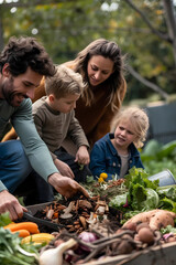 A family composting food waste outdoors