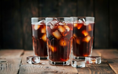 Beautiful cold fizzy cola soda with cubes ice in glasses goblet on old wooden background