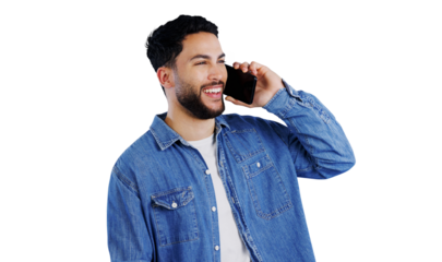 Happy man, phone call and laughing for communication, funny joke or conversation on a transparent PNG background. Young male person talking on mobile smartphone for discussion, chat or networking