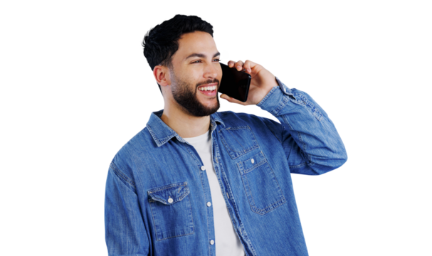 Happy man, phone call and laughing for communication, funny joke or conversation on a transparent PNG background. Young male person talking on mobile smartphone for discussion, chat or networking