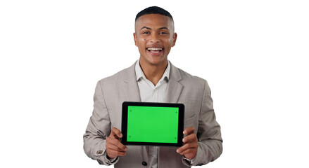 Businessman, portrait and green screen on tablet for marketing and online advertising for tech. Consultant, face or promotion of touchscreen for connection or isolated on transparent png background