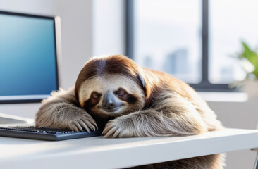 Fototapeta premium Sloth sleeps at the computer, fatigue, laziness concept.