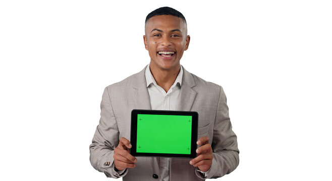 Businessman, portrait and green screen on tablet for marketing and online advertising for tech. Consultant, face or promotion of touchscreen for connection or isolated on transparent png background - Powered by Adobe