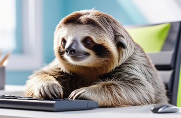 Naklejka premium Sloth sleeps at the computer, fatigue, laziness concept.