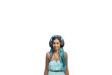 Woman, headphones and listening for podcast, radio and music for happiness or wellness. African person, portrait and technology for streaming and relaxation isolated on a transparent, png background