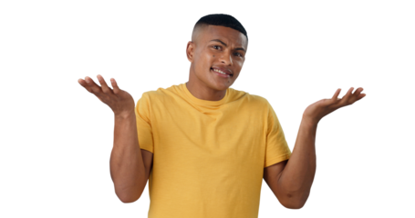 Portrait, confused and man shrug with why hands on isolated, transparent or png background. Doubt, questions and male model face with palm scale choice, dont know or whatever body language expression