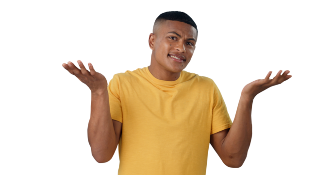 Portrait, confused and man shrug with why hands on isolated, transparent or png background. Doubt, questions and male model face with palm scale choice, dont know or whatever body language expression