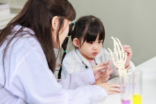 Asian woman doctor physiotherapist explains human fake body skeleton model on a table to little children girl at laboratory study room. Education anatomical human concept learning for kids. - Powered by Adobe