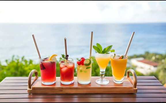 Variety of cocktails on wooden tray on terrace with ocean view